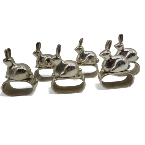 Bunny Rabbit NAPKIN HOLDER Ring Set of 6 Heavy Silver Tone Metal - Picture 9 of 11